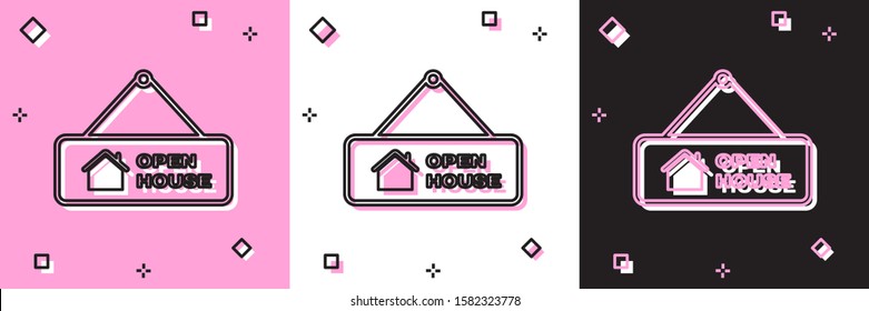 Set Hanging sign with text Open house icon isolated on pink and white, black background. Signboard with text Open house.  Vector Illustration