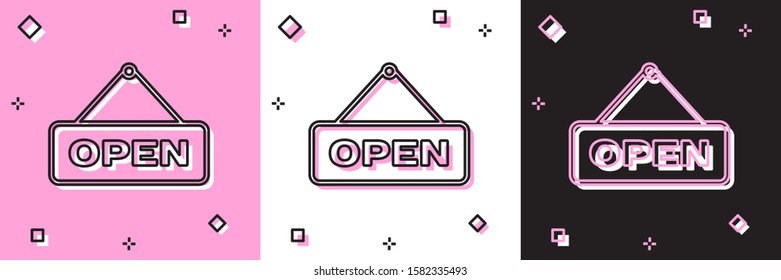 Set Hanging sign with text Open door icon isolated on pink and white, black background.  Vector Illustration