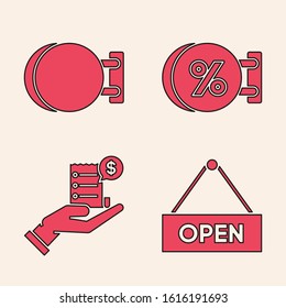 Set Hanging sign with text Open door, Signboard hanging, Signboard hanging with an inscription discount percent and Human hand holding with blank receipt or bill for payment icon. Vector