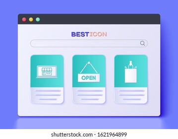 Set Hanging sign with text Open door, Shopping building on screen laptop and Paper shopping bag icon. Vector