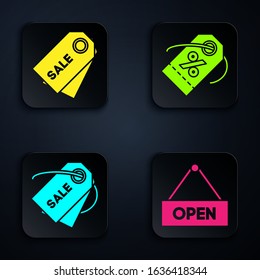 Set Hanging sign with text Open door, Price tag with an inscription Sale, Price tag with an inscription Sale and Discount percent tag. Black square button. Vector