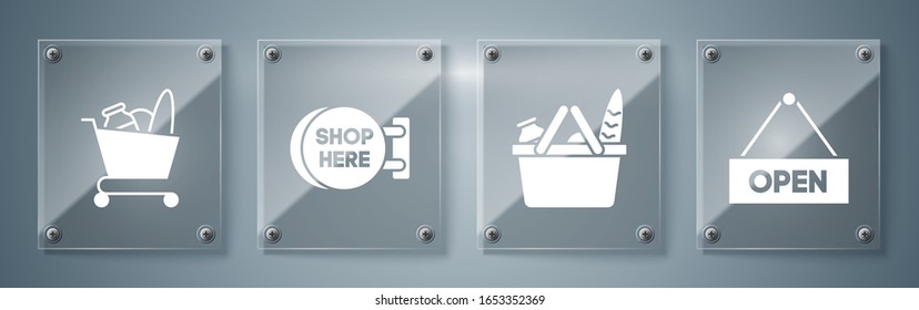 Set Hanging sign with text Open door, Shopping basket and food, Signboard hanging with an inscription shop here and Shopping cart and food. Square glass panels. Vector