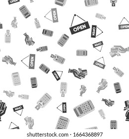 Set Hanging sign with text Open door, Pos terminal, Human hand holding with credit card and POS terminal with printed reciept and confirms the payment by smartphone on seamless pattern. Vector