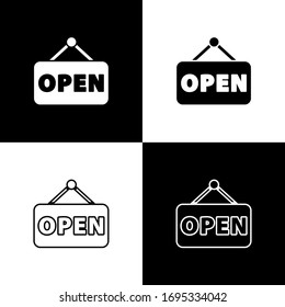 Establecer el signo de suspensión con texto Abrir icono de puerta aislado en fondo blanco y negro. Ilustración vectorial