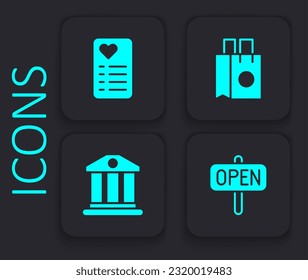 Fijar el signo de ahorcamiento con texto Abrir, lista de compras, bolsa de compras de papel e icono de construcción bancaria. Botón cuadrado negro. Vector