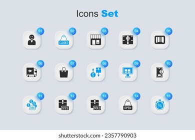 Set Hanging sign with text Open, Paper shopping bag, Closed, Tax payment, Stopwatch percent discount, Mobile dollar, Happy customer and cardboard box icon. Vector