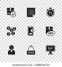 Set Hanging sign with text Open, Cardboard box free symbol, Buy button, Mobile dollar, Stopwatch percent discount, Return cardboard, Wish list template and Dollar icon. Vector