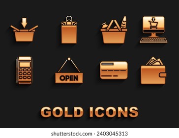 Set Hanging sign with text Open door, Shopping cart on screen computer, Wallet stacks paper money cash, Credit card, Pos terminal, basket and food,  and Paper shopping bag icon. Vector