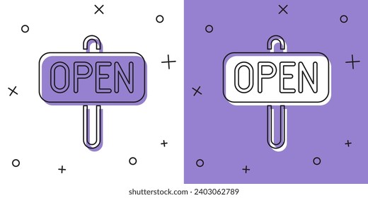 Set Hanging sign with text Open door icon isolated on white and purple background.  Vector