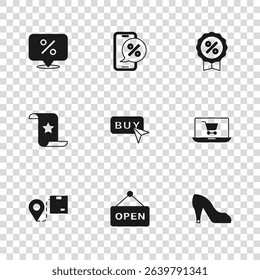 Set Hanging sign with text Open, Shopping cart on screen laptop, Woman shoe, Buy button, Discount percent tag, Percent discount phone and Paper check and financial check icon. Vector