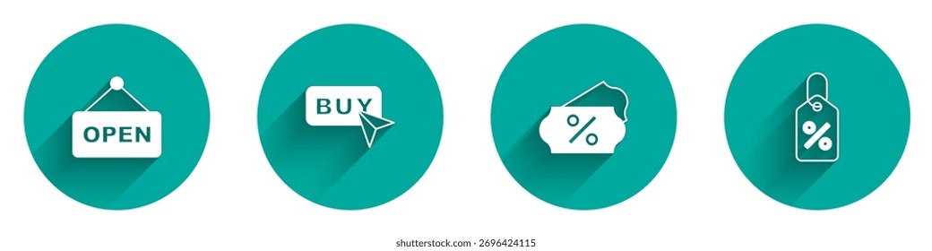 Set Hanging sign with text Open, Buy button, Discount percent tag and  icon with long shadow. Vector