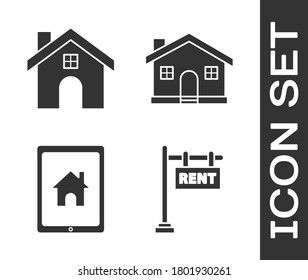 Establecer el signo de la posición con el texto Alquiler, Casa, Tablet e icono del hogar y la casa inteligentes. Vector