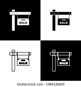 Set Hanging sign with text For Sale icon isolated on black and white background. Signboard with text For Sale.  Vector Illustration