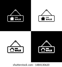Set Hanging sign with text For Sale icon isolated on black and white background. Signboard with text For Sale.  Vector Illustration