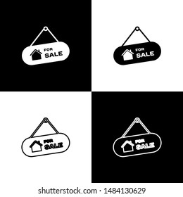 Set Hanging sign with text For Sale icon isolated on black and white background. Signboard with text For Sale. Vector Illustration Set Hanging sign with text For Sale icon isolated on black and white background. Signboard with text For Sale. Vector Illustration