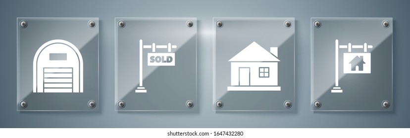 Set Hanging sign with text Sale, House, Hanging sign with text Sold and Warehouse. Square glass panels. Vector
