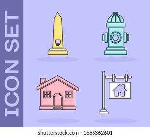 Set Hanging sign with text Sale, Washington monument, House and Fire hydrant icon. Vector