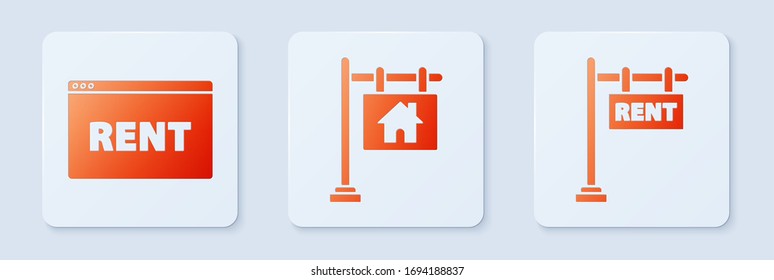 Set Hanging sign with text Sale, Hanging sign with text Online Rent and Hanging sign with text Rent. White square button. Vector