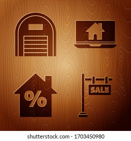 Set Hanging sign with text Sale, Warehouse, House with percant discount tag and Laptop and smart home on wooden background. Vector