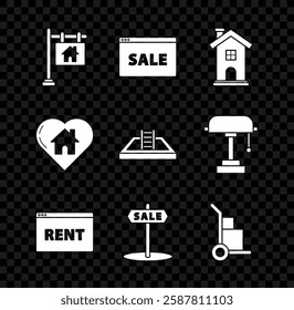 Set Hanging sign with text Sale, Online, Home symbol, Rent, Hand truck and boxes, House heart shape and Swimming pool ladder icon. Vector