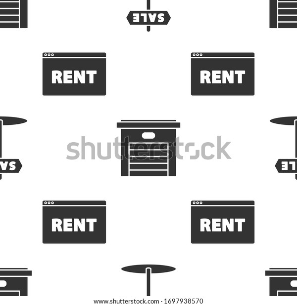 Set Hanging sign\
with text Sale, Garage and Hanging sign with text Online Rent on\
seamless pattern. Vector