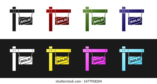 Set Hanging sign with text Sold icon isolated on black and white background. Sold sticker. Sold signboard.  Vector Illustration