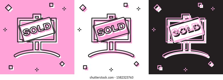 Set Hanging sign with text Sold icon isolated on pink and white, black background. Sold sticker. Sold signboard.  Vector Illustration