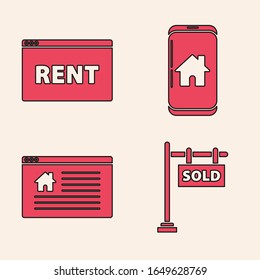 Setzt Hängezeichen mit dem Text Sold, Hanging Zeichen mit Text Online Rent, Handy mit Smarthome und Hanging Zeichen mit Text Online-Verkauf Symbol. Vektorillustration