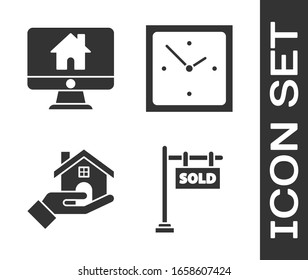 Mit dem Symbol "Hängen" mit dem Text "Sold", "Computer Monitor" mit dem Symbol "Smart Home", "Realtor" und "Clock". Vektorillustration