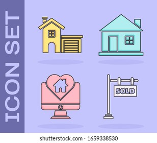 Set Hanging sign with text Sold, House, Monitor with house in heart shape and House icon. Vector