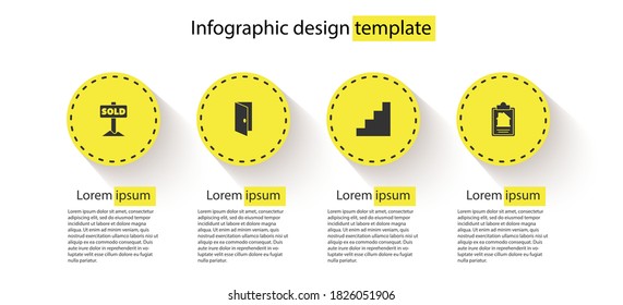 Set Hanging sign with text Sold, Closed door, Staircase and House contract. Business infographic template. Vector.