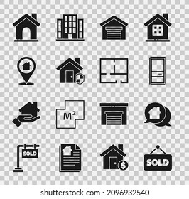Fijar el signo de Colgar con el texto Vendido, Casa de mensajes inmobiliarios, Puerta cerrada, Garaje, Casa bajo protección, Ubicación e icono del plan. Vector
