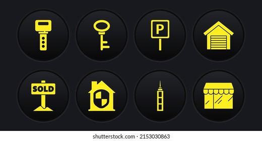 Setzt Hängezeichen mit Text verkauft, Garage, Haus unter Schutz, Wolkenkratzer, Parkplatz, Schlüssel, Marktladen und Symbol. Vektorgrafik