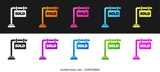 Establecer el signo de suspensión con texto Icono de venta aislado en fondo blanco y negro. Vender pegatina. Cartel de venta.  Ilustración vectorial