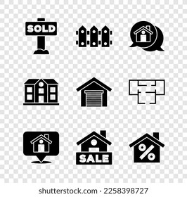Set Hanging sign with text Sold, Garden fence wooden, Real estate message house, Location, Sale, House percant discount,  and Garage icon. Vector
