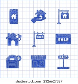 Set Hanging sign with text Sold, Shopping building or market store, Sale, Online, Warehouse dollar symbol, House shield,  and Mobile phone smart home icon. Vector