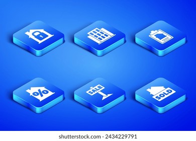 Set Hanging sign with text Sold, House under protection, Sale, percant discount,  and contract icon. Vector