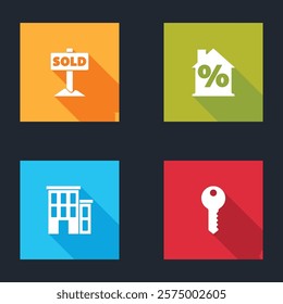 Set Hanging sign with text Sold, House percant discount,  and key icon. Vector