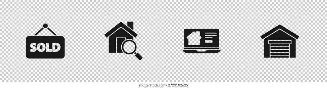 Conjunto de signo colgante con texto Vendido, casa de Búsqueda, bienes raíces en línea y garaje icono. Vector