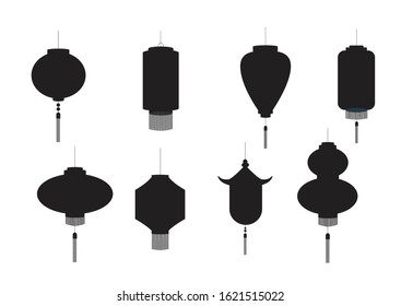 Set of hanging silhouette Chinese lanterns isolated on white background,Vector illustration.