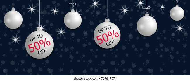 Set hanging silver Christmas balls and discount. Decorative baubles elements on dark blue background for holiday sale design. Vector illustration.