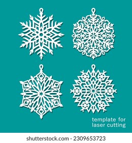 Set of hanging snowflakes. Festive pendants on Christmas tree, New Year's decorations. Template for plotter laser cutting of paper, fretwork, wood carving, metal engraving, cnc. Vector illustration.