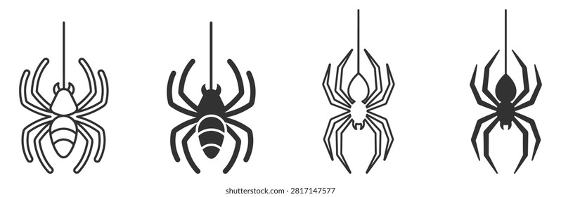 set of hanging spiders spiderweb silhouette icons isolated on transparent background