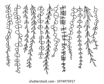 Set of hanging tree branches. Collection of various branches with willow, larch, spruce with leaves. Decorative autumn set. Black and white illustration on a white background. Tattoo.