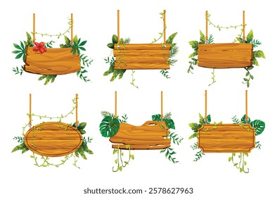 Set of hanging wooden signs with tropical foliage and vines, with a floral touch. Vector cartoon illustration