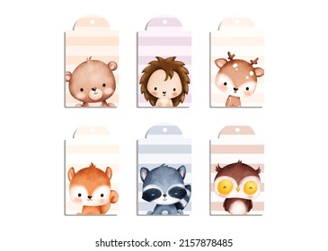 Set of Hangtag label with baby animal and stripe pastel background 