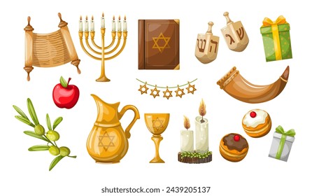Set of Hanukkah celebration items. Freehand drawing isolate on a white background. Vector.