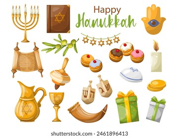 Set of Hanukkah celebration items. Freehand drawing isolate on a white background. Vector.