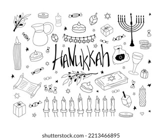 Set of Hanukkah clipart. Hand drawn  Hanukkah doodle symbols for design. Isolated on white background