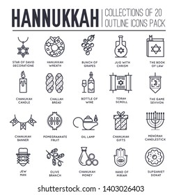 Set of hanukkah decor and attributes thin line icons on white. Jewish culture and religion symbols outline pictograms collection. Judaism holidays traditions vector element for infographic, web.